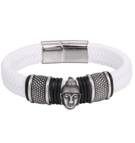 Buddha Sakyamuni Leather Stainless Steel Magnetic Clasp Black Brown Leather Strap Bracelet