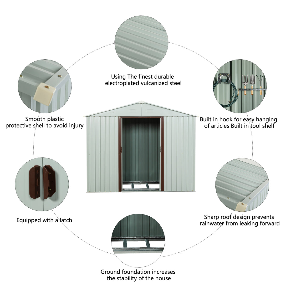 6ft x 5ft Outdoor Storage Shed with Metal Floor-to-Ceiling Lockable Sliding Door- White