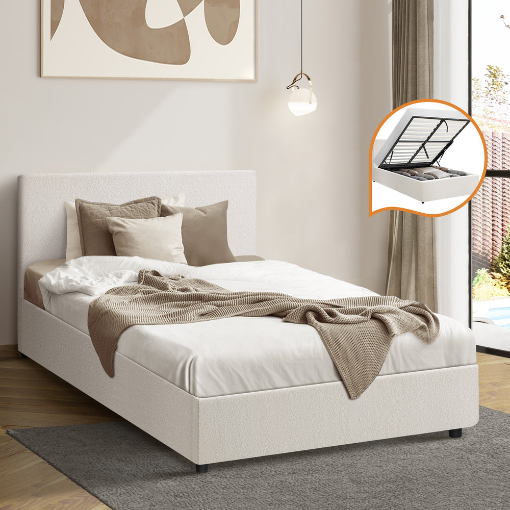 King Single Bed Frame with Gas Lift Storage Base in White Boucle