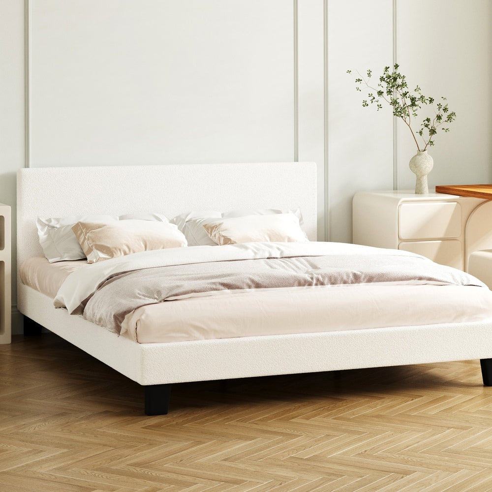 King Bed Frame with Wooden Slats in White Boucle Fabric