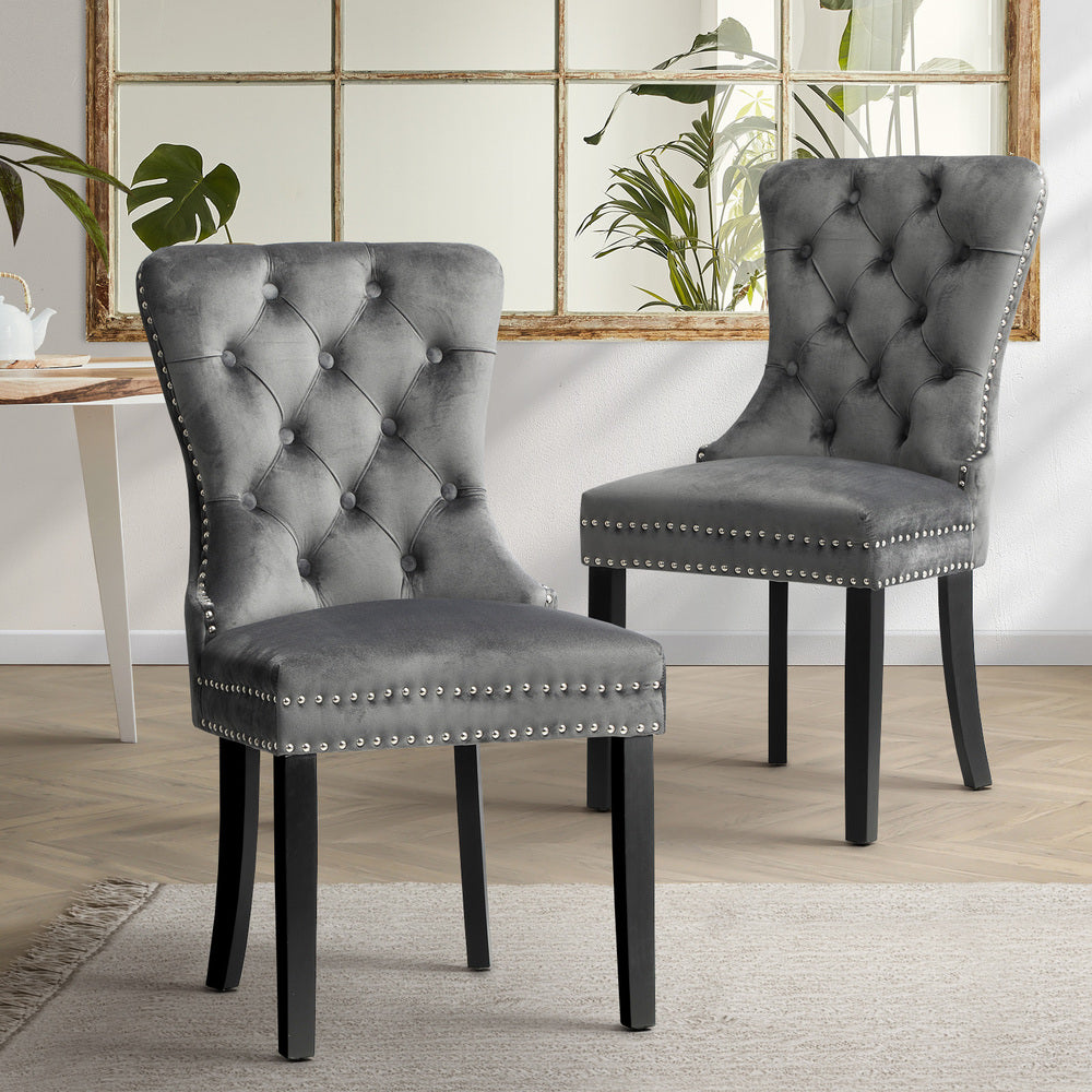 Set of 2 Velvet Dining Chairs French Tufted Grey