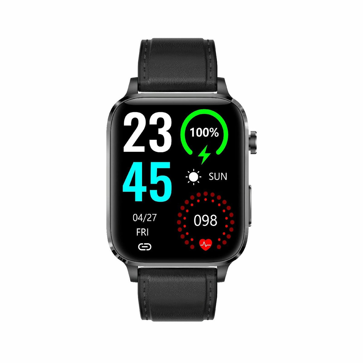 1.7 Inch Hd Square Screen Leather Strap Smart Watch Supports Body Temperature Monitoring / Blood Oxygen Monitoring - Black