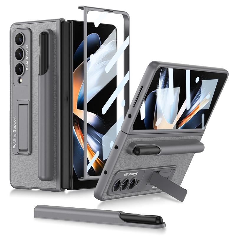 For Samsung Galaxy Z Fold4 5G Leather Case With Holder & Pen Slots - Thin & Shockproof - Carbon Fiber Texture