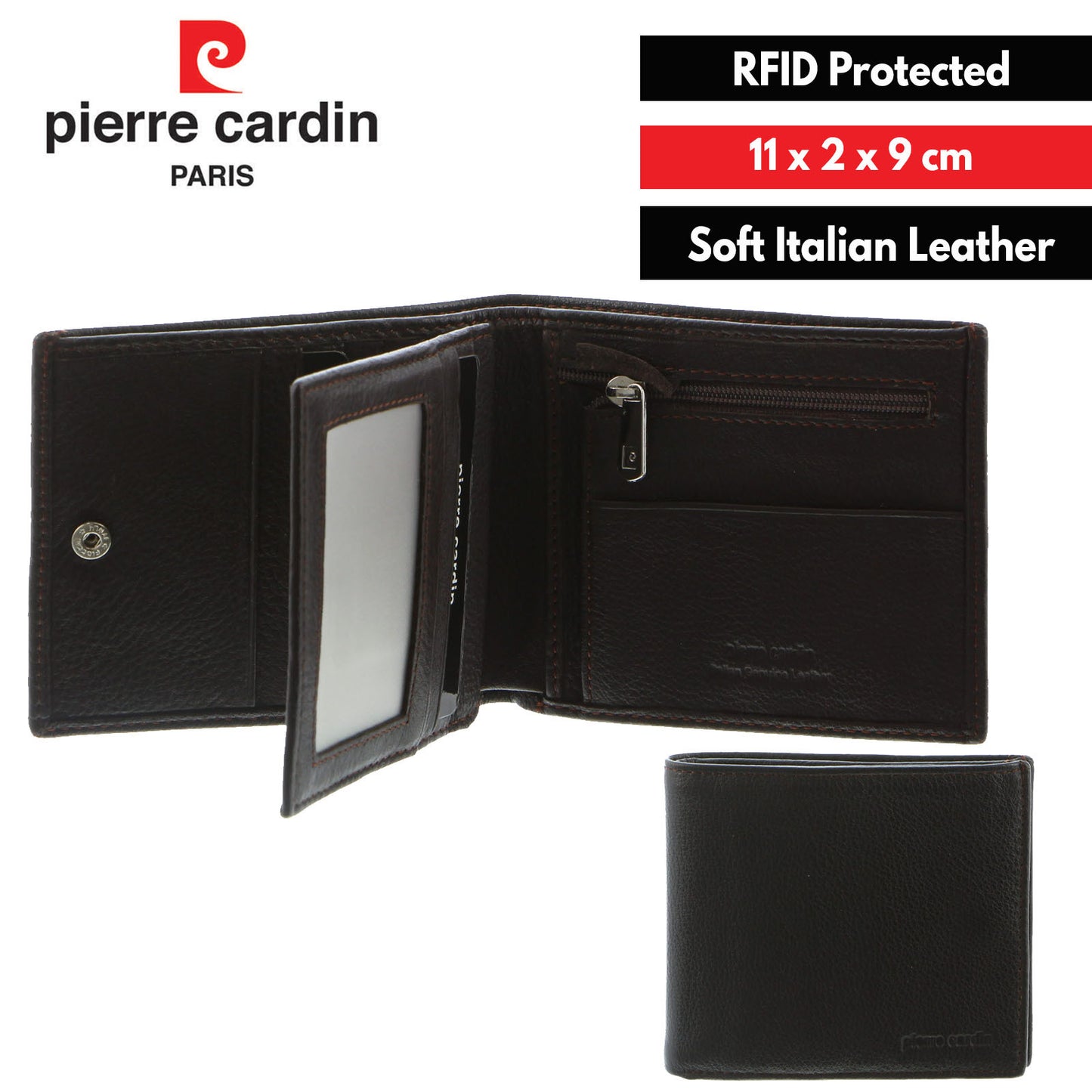 Pierre Cardin Mens Leather Tri Fold Wallet w/ RFID Protection - Brown