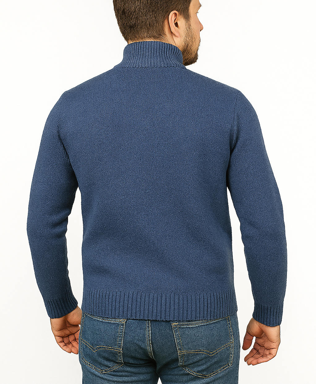 100% SHETLAND RAGG WOOL Half Zip Up Knit JUMPER Pullover Mens Sweater Knitted in Sky - S