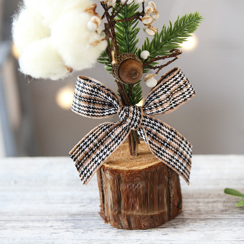 Mini Rustic Christmas Tree Decoration โ 9.84 Inches Tall with Cotton and Plaid Bow Accents (4 trees)
