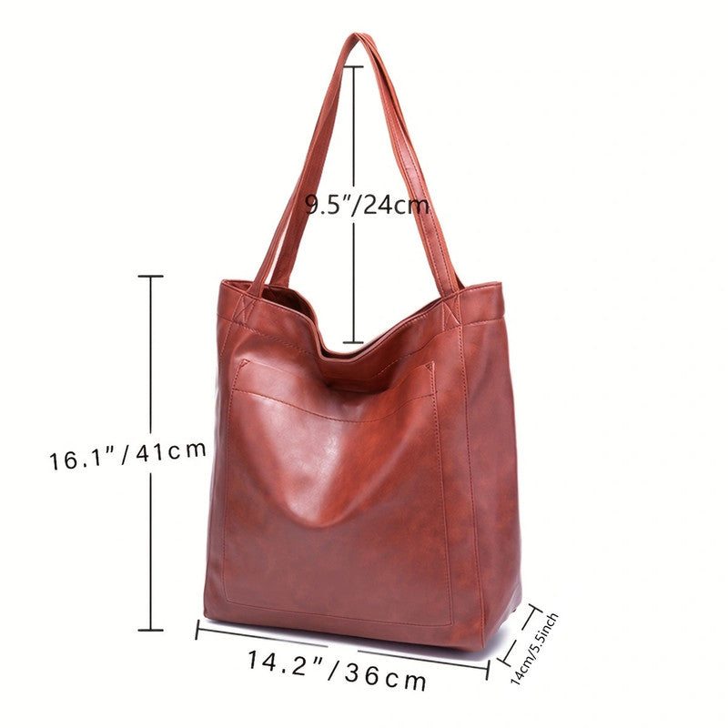 Vintage PU Leather Tote Bag - Stylish and Spacious Everyday Shoulder Bag (Black)