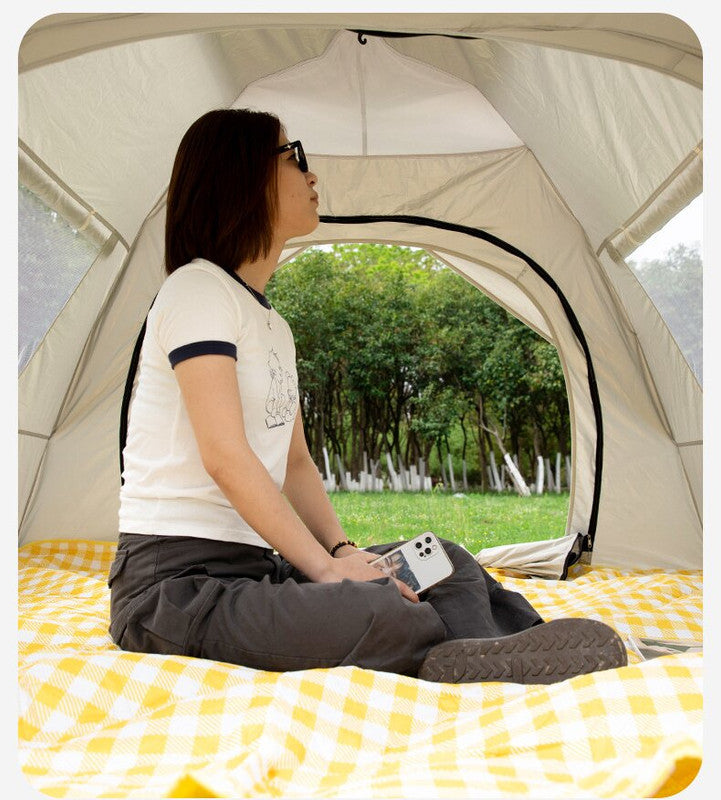 Beige 3-4 Person Lightweight Camping Tent (210*200*135cm) | UV Protection Silver Coated, Dual Doors & Windows