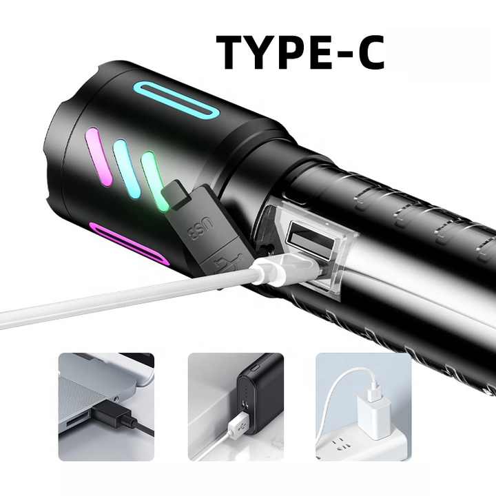LED Rechargeable Laser Flashlight โ Multifunctional Type-C Strong Light Torch with Adjustable Zoom
