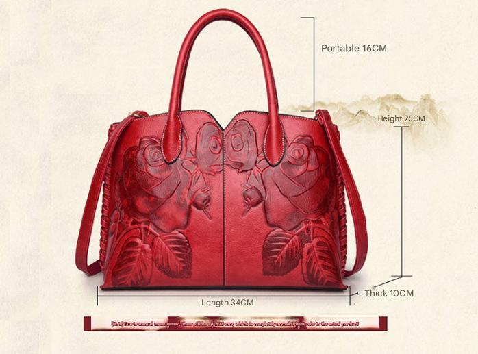 Red Elegant Embossed Rose Leather Handbag - Vintage Style Tote Bag