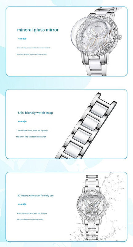 Women's Butterfly Quartz Watch with Ceramic Steel Strap and Luminous Hands (Silver shell powder surface steel belt)