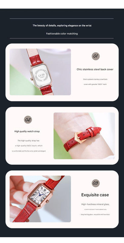 Rose gold shell, white plate and coffee strap Ladies Quartz Watch - Classic Rectangular, Leather Band