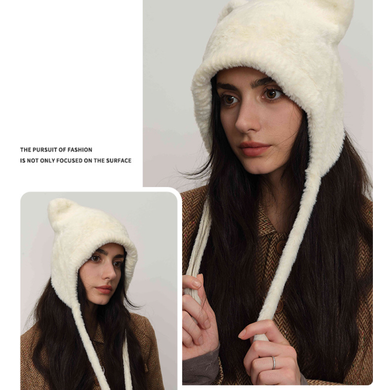 White Fluffy Cat Ear Winter Earflap Hat Women Knitted Warm Cold Weather Cap
