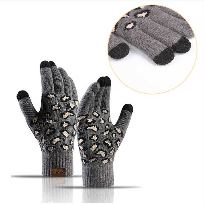 Light Grey Women's 3-Piece Winter Knit Set - Leopard Print Plush Lined Beanie Hat, Scarf & Touchscreen Gloves