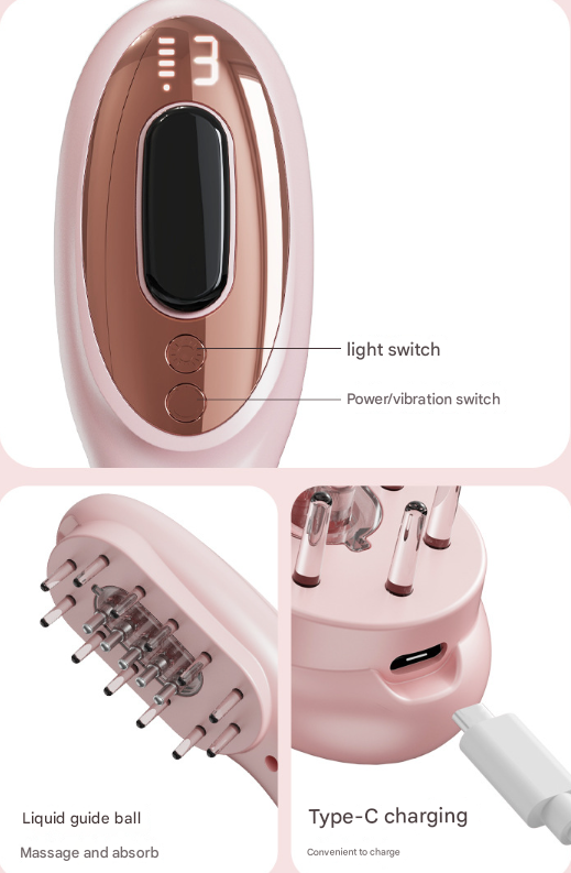Black Rechargeable Electric Scalp Massager with Red & Blue Light Therapy - Hair Oil & Serum Applicator Comb(Not containing essential oils)