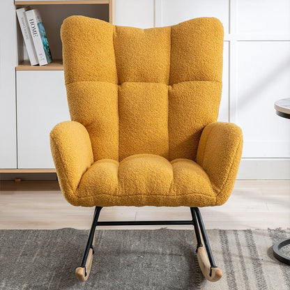 Rocking Chair With Pocket, Soft Teddy Fabric Rocking Chair For Nursery, Comfy Wingback Golider Rocking Chair With Safe Solid Wood Base For Living Room Bedroom Balcony