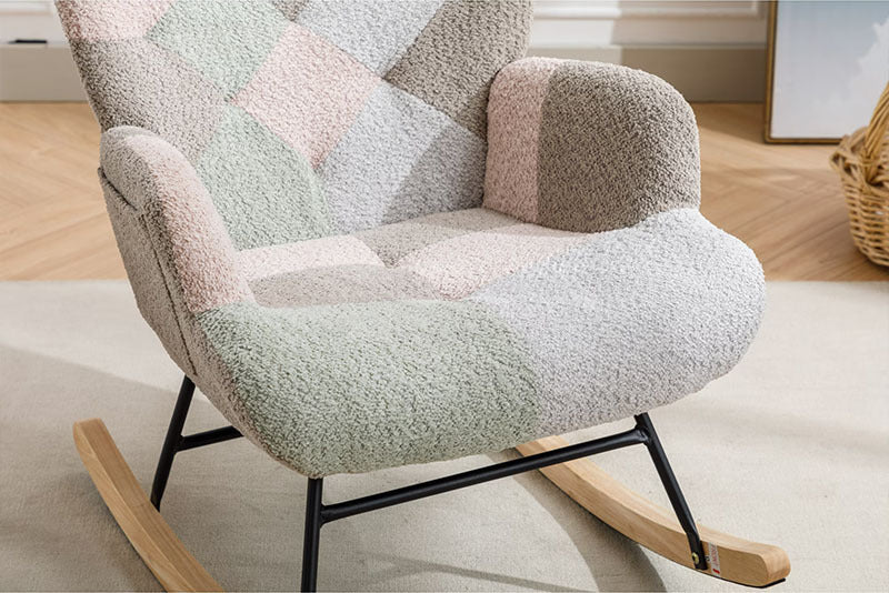 Modern Patchwork Accent Chair With Solid Wood Armrest And Feet, Mid-Century Modern Accent Sofa, Fabric Sofa Chair For Living Room Bedroom Studio, Comfy Side Armchair For Bed