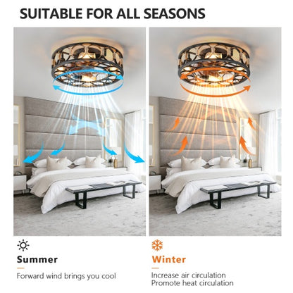 Cage Ceiling Fan With Light Remote Control, Low-profile Built-in Farmhouse Modern Ceiling Fan, 6 Speed Reversible Blades, Including 5 LED Bulbs