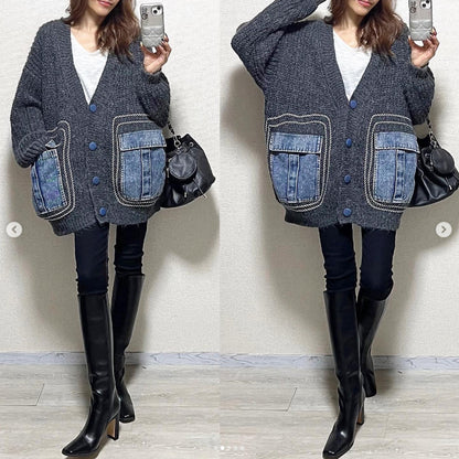 Women's Patchwork Denim Thick Sweater Coat