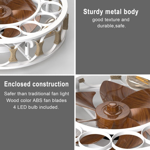 Cage Ceiling Fan With Light Remote Control, Semi-recessed Modern Ceiling Fan, 6 Speed Reversible Blades, 4 LED Bulbs Included