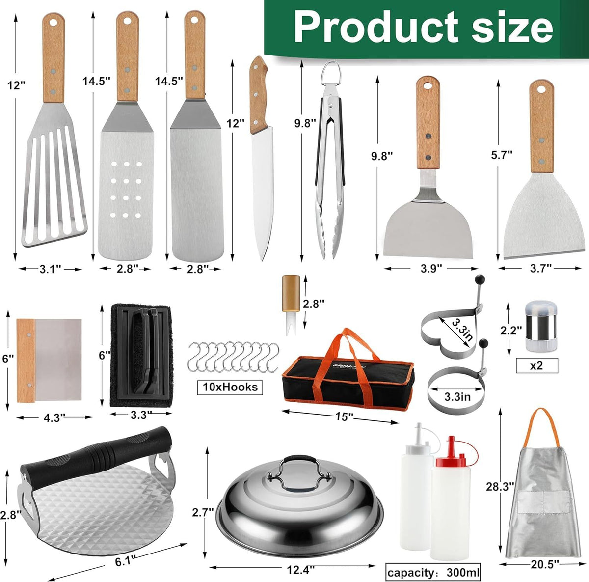 Grilljoy Griddle Accessories Set With Robust Plastic Handle, All-in-One Griddle Tools Kit For Flat Top Grills Teppanyaki Hibachi, Stainless Steel Grill Spatula Kit For Outdoor Camping Grilling