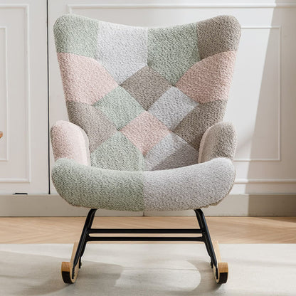 Modern Patchwork Accent Chair With Solid Wood Armrest And Feet, Mid-Century Modern Accent Sofa, Fabric Sofa Chair For Living Room Bedroom Studio, Comfy Side Armchair For Bed