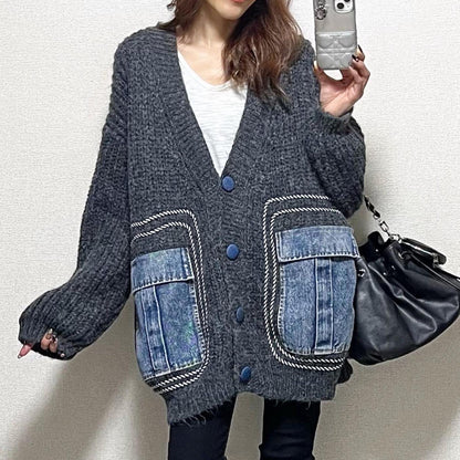 Women's Patchwork Denim Thick Sweater Coat