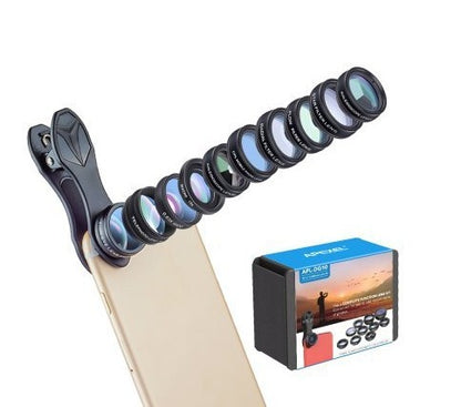 APEXEL Phone lens kit universal 10 in 1 Fisheye Wide Angle macro Lens CPL Filter Kaleidoscope+2X telescope Lens for smartphone