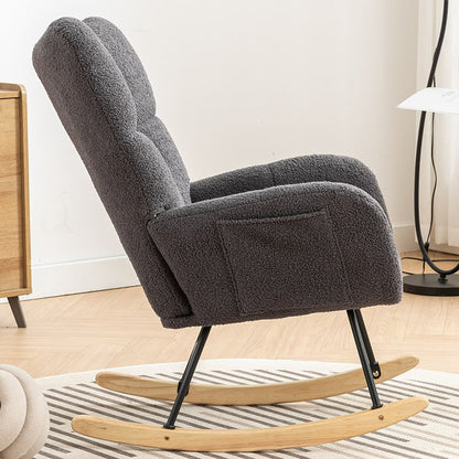 Rocking Chair With Pocket, Soft Teddy Fabric Rocking Chair For Nursery, Comfy Wingback Golider Rocking Chair With Safe Solid Wood Base For Living Room Bedroom Balcony
