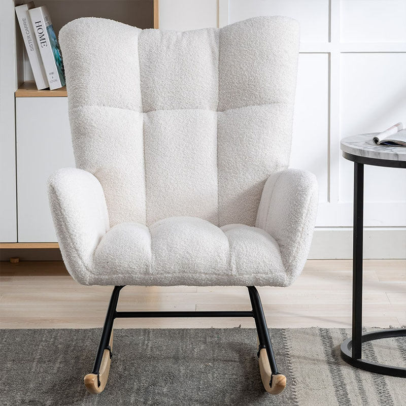 Rocking Chair With Pocket, Soft Teddy Fabric Rocking Chair For Nursery, Comfy Wingback Golider Rocking Chair With Safe Solid Wood Base For Living Room Bedroom Balcony