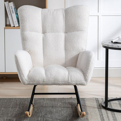 Rocking Chair With Pocket, Soft Teddy Fabric Rocking Chair For Nursery, Comfy Wingback Golider Rocking Chair With Safe Solid Wood Base For Living Room Bedroom Balcony