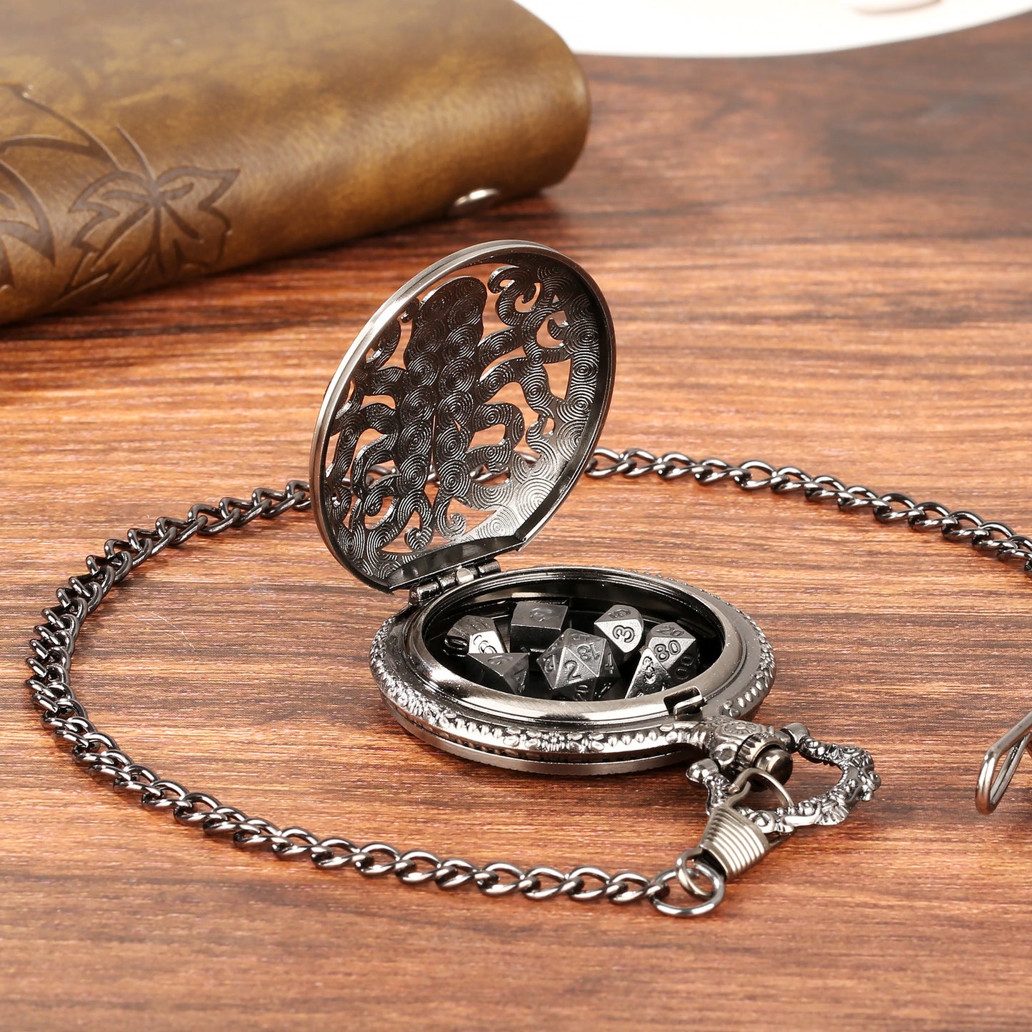 Thick Chain Octopus Symmetrical Pocket Watch Dice Set, Equipped With 7 Mini DND Dice Game Polyhedral Metal Dice, Desktop Role-playing Game Dice Accessories Gift
