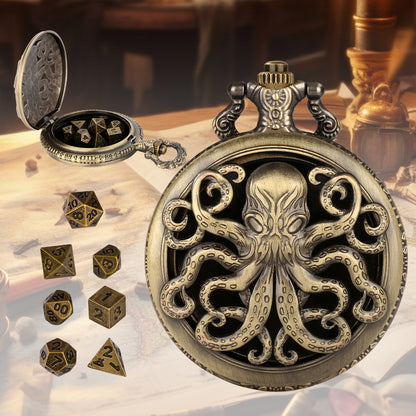 Thick Chain Octopus Symmetrical Pocket Watch Dice Set, Equipped With 7 Mini DND Dice Game Polyhedral Metal Dice, Desktop Role-playing Game Dice Accessories Gift