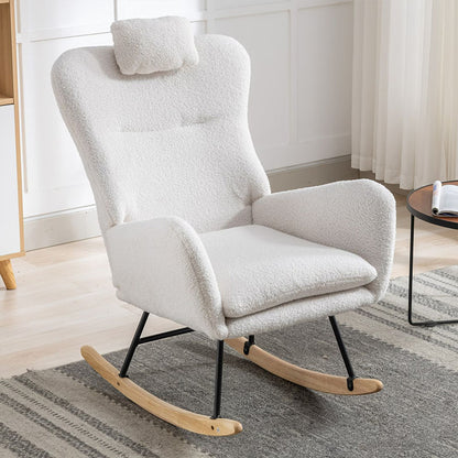 35.5 Inch Rocking Chair With Pocket, Soft Teddy Fabric Rocking Chair For Nursery, Comfy Wingback Glider Rocker With Safe Solid Wood Base For Living Room Bedroom Balcony