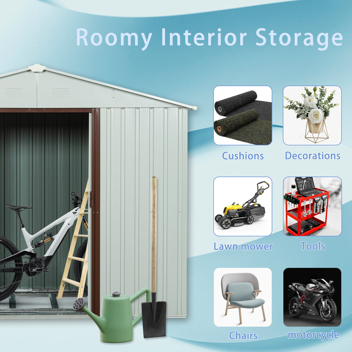 6ft x 5ft Outdoor Storage Shed with Metal Floor-to-Ceiling Lockable Sliding Door- White