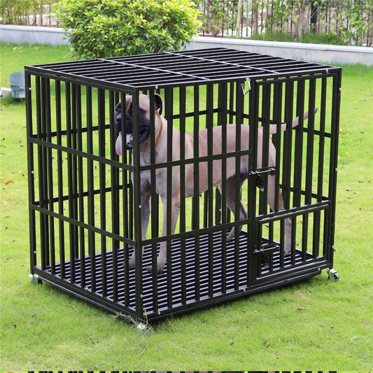 Heavy Duty Pet Dog Cage Strong Metal Crate Kennel Playpen with Wheels &Tray