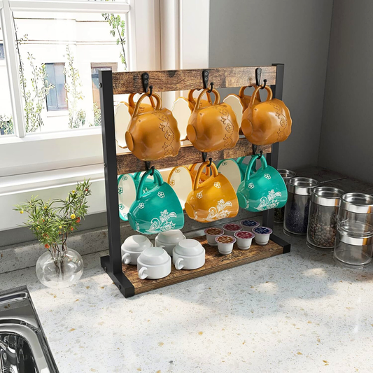 2 Tier Vintage Wood Coffee Mug Holder Stand