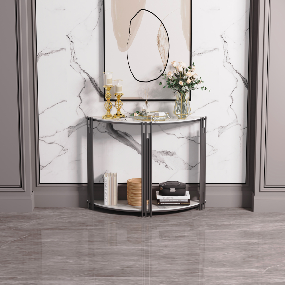Half Moon Tiered Real Marble Entry Console Table Hallway Entryway Furniture