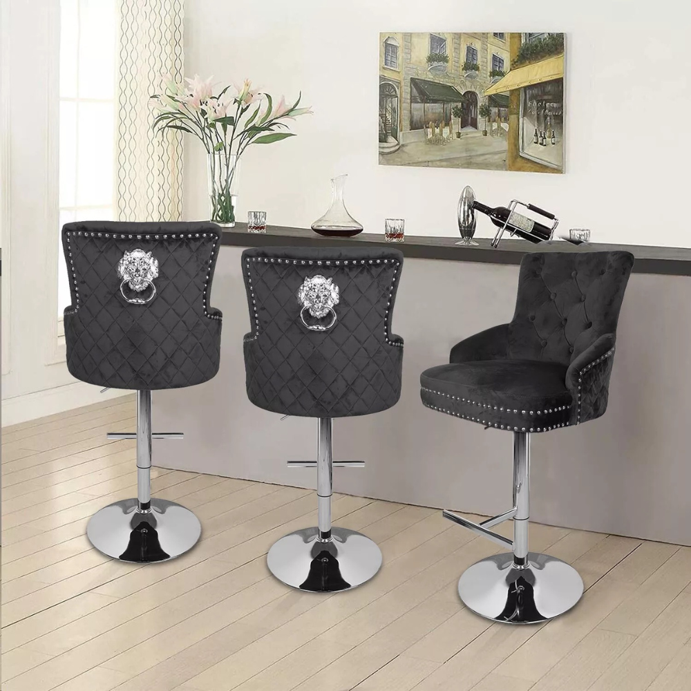 Luxurious Velvet Swivel Bar Stool with Lion Knocker & High Back