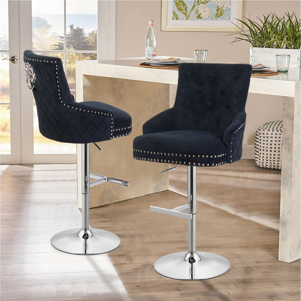Luxurious Velvet Swivel Bar Stool with Lion Knocker & High Back