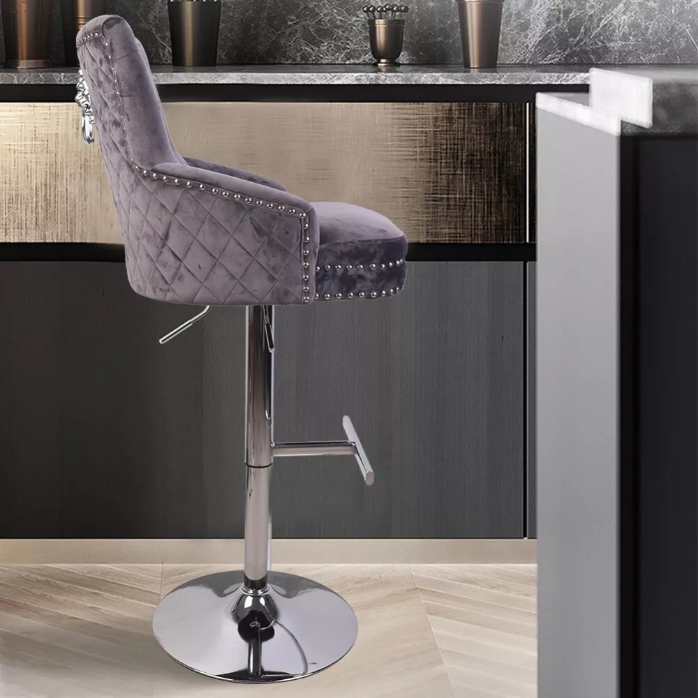 Luxurious Velvet Swivel Bar Stool with Lion Knocker & High Back