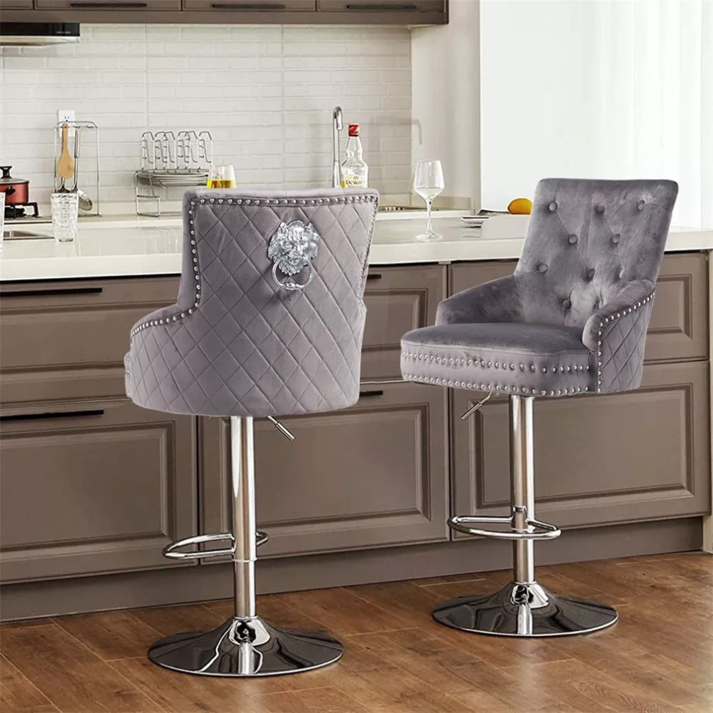Luxurious Velvet Swivel Bar Stool with Lion Knocker & High Back