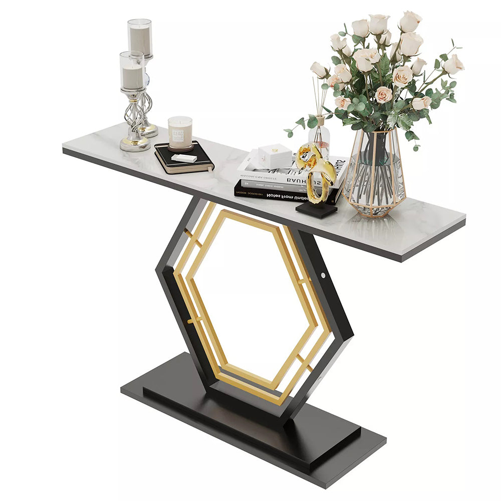 Console Table Sintered Stone Top Narrow Entryway Sofa Side Table Geometric Base