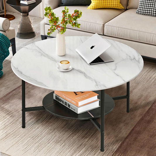 2 Tier Round Sofa Side End Table Marble Coffee Table