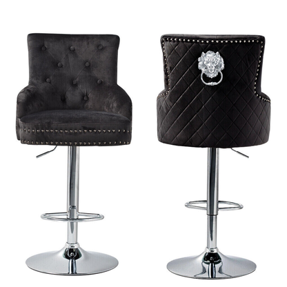 Velvet Swivel Bar Stools with Luxurious Upholstery and Lion Knocker Detail