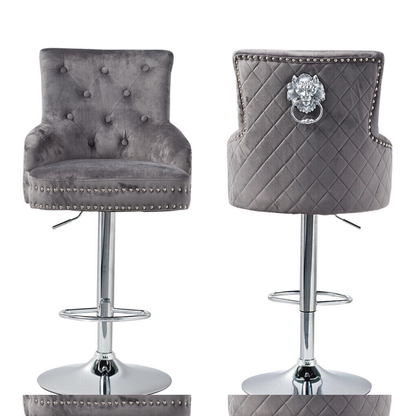 Velvet Swivel Bar Stools with Luxurious Upholstery and Lion Knocker Detail