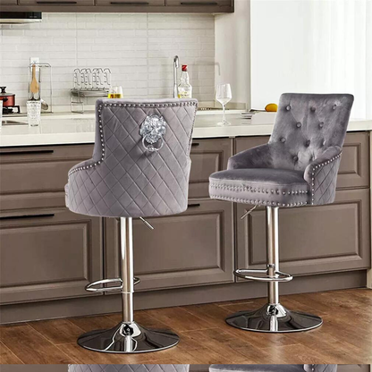 Velvet Swivel Bar Stools with Luxurious Upholstery and Lion Knocker Detail