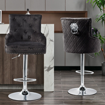 Velvet Swivel Bar Stools with Luxurious Upholstery and Lion Knocker Detail