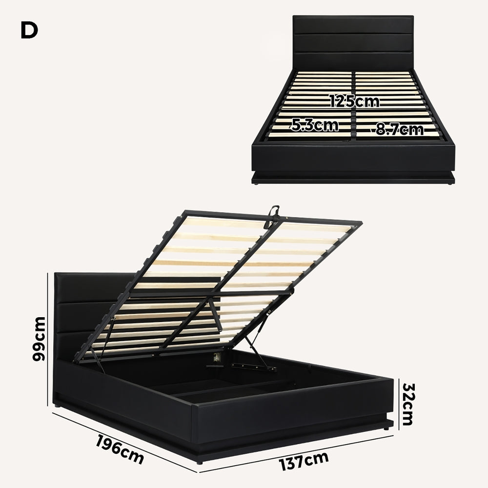 Double Bed Frame Gas Lift RBG Storage Space Black