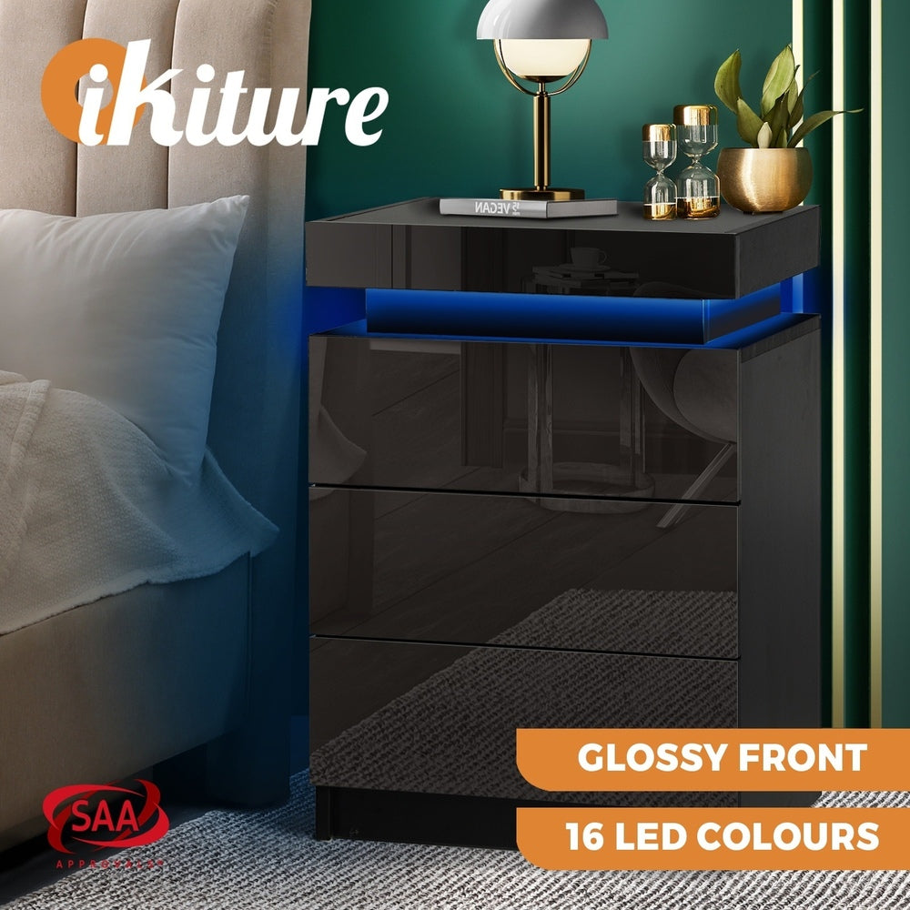 Bedside Table RGB LED 3 Drawers Black